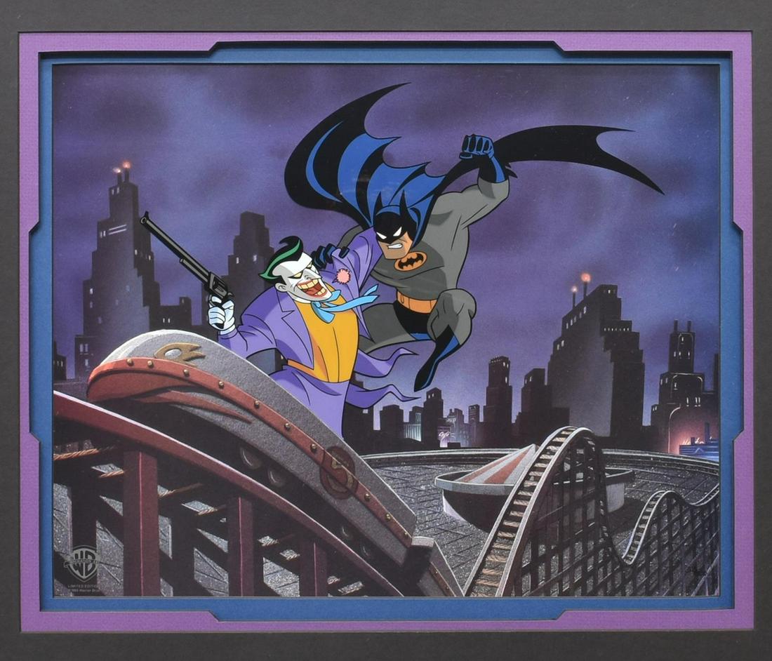 BATMAN ANIMATED SERIES BE A CLOWN LIMITED SERICEL: Framed Warner Brothers limited-edition sericel over lithographic background, "Be a Clown," 1993, numbered 305/500, accompanied by certificate of authenticity issued by Warner Brothers, sight: approx 1