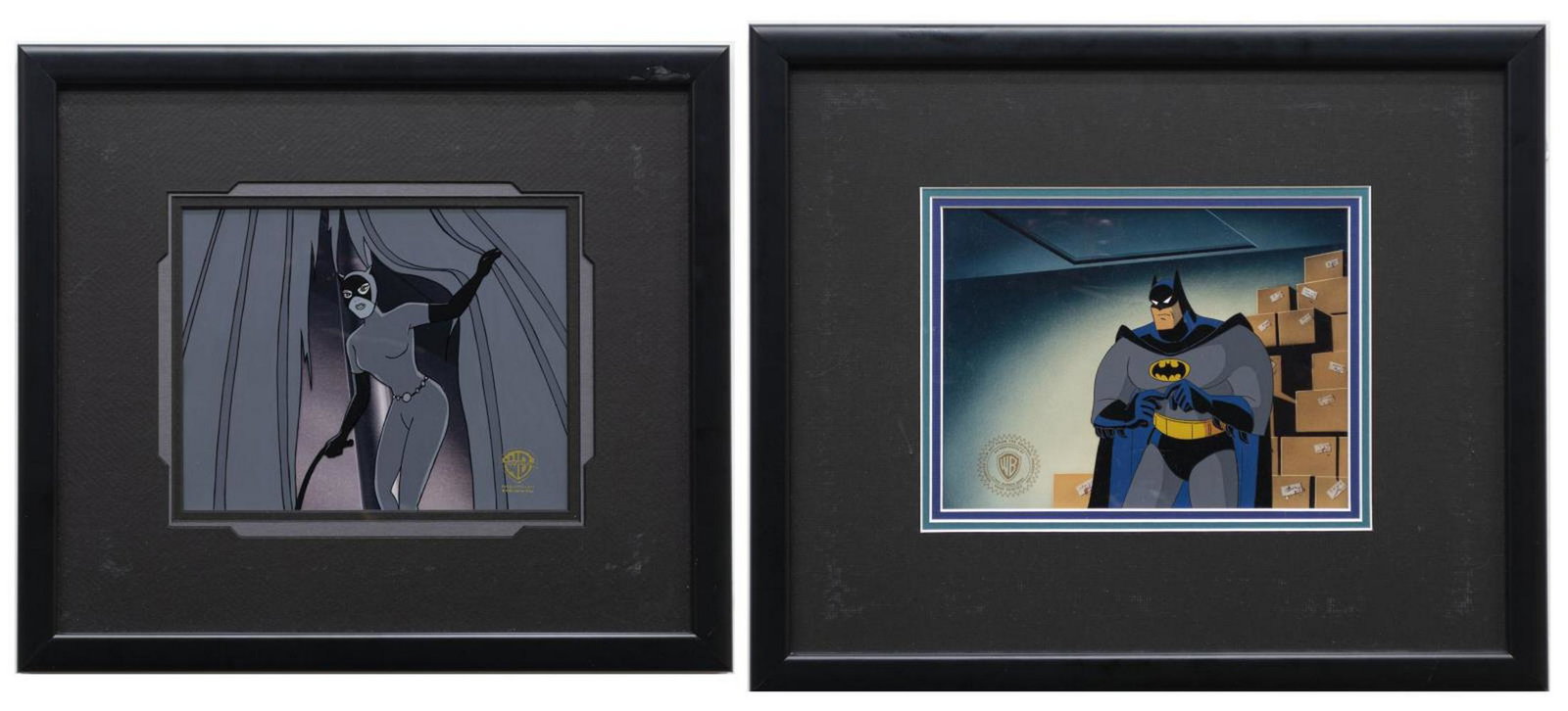 (2) BATMAN ORIGINAL PRODUCTION ART SERICELS: (lot of 2) Framed Warner Brothers original production art sericels over lithographic background, each accompanied by certificate of authenticity issued by Warner Brothers, comprising: (1) "Cat Scratch