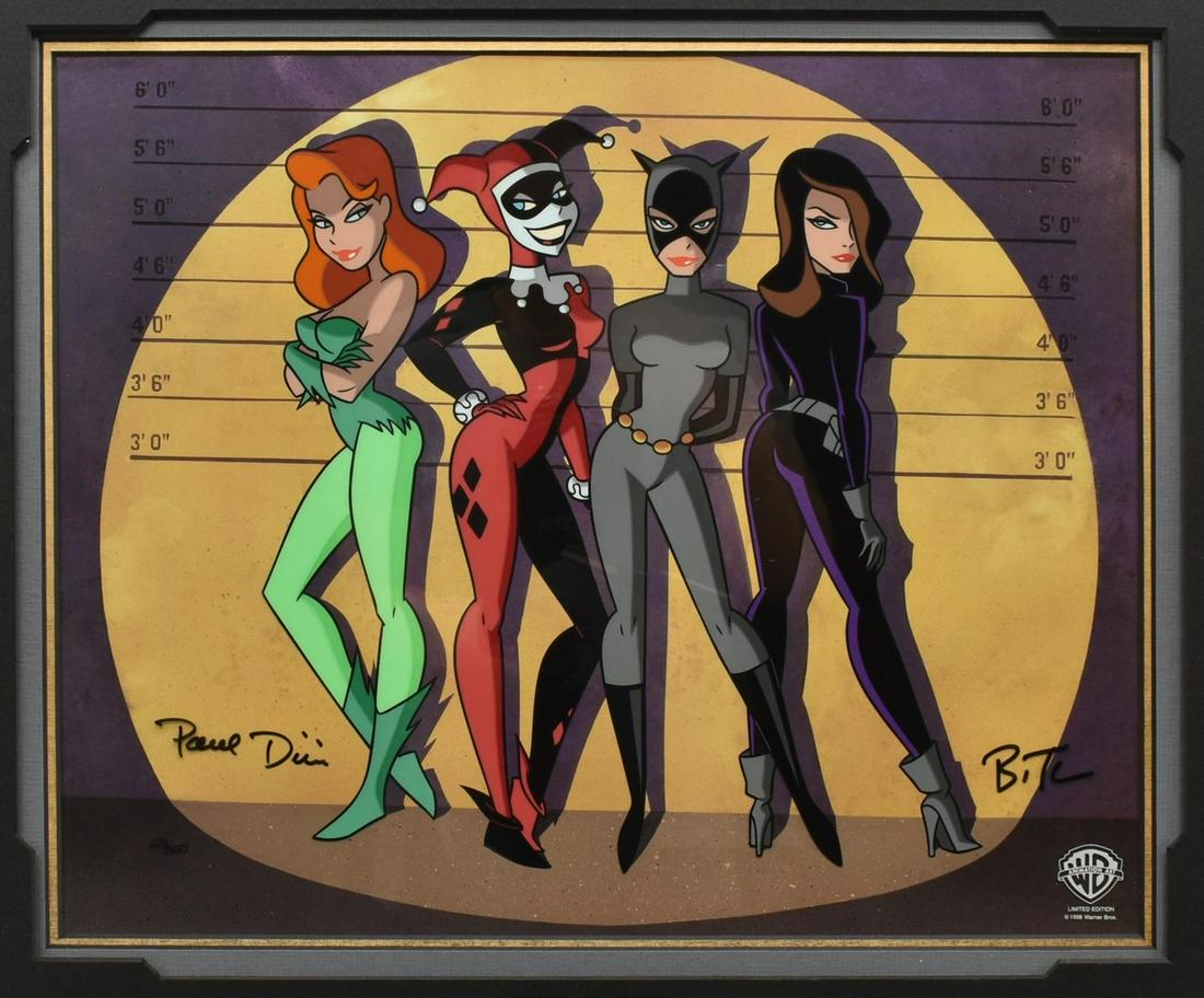SIGNED BATMAN LIMITED-ED SERICEL UNUSUAL SUSPECTS: Framed Warner Brothers limited-edition sericel over lithographic background, "Unusual Suspects," 1998, signed Paul Dini (American, b.1957) and Bruce Timm (American, b.1961), numbered 451/500, Poison I