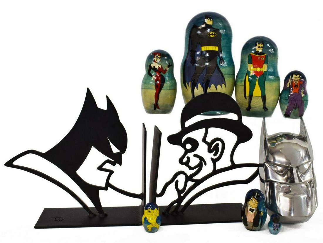 4)BATMAN ANIMATED SERIES NESTING DOLL & DESK ITEMS: (lot of 4) Batman: The Animated Series nesting dolls and desk items, comprising: (2) bookends, black metal silhouettes, depicting Batman and The Riddler, each approx 8.5"h, 8.5"w, 3"d; (1) aluminum Ba