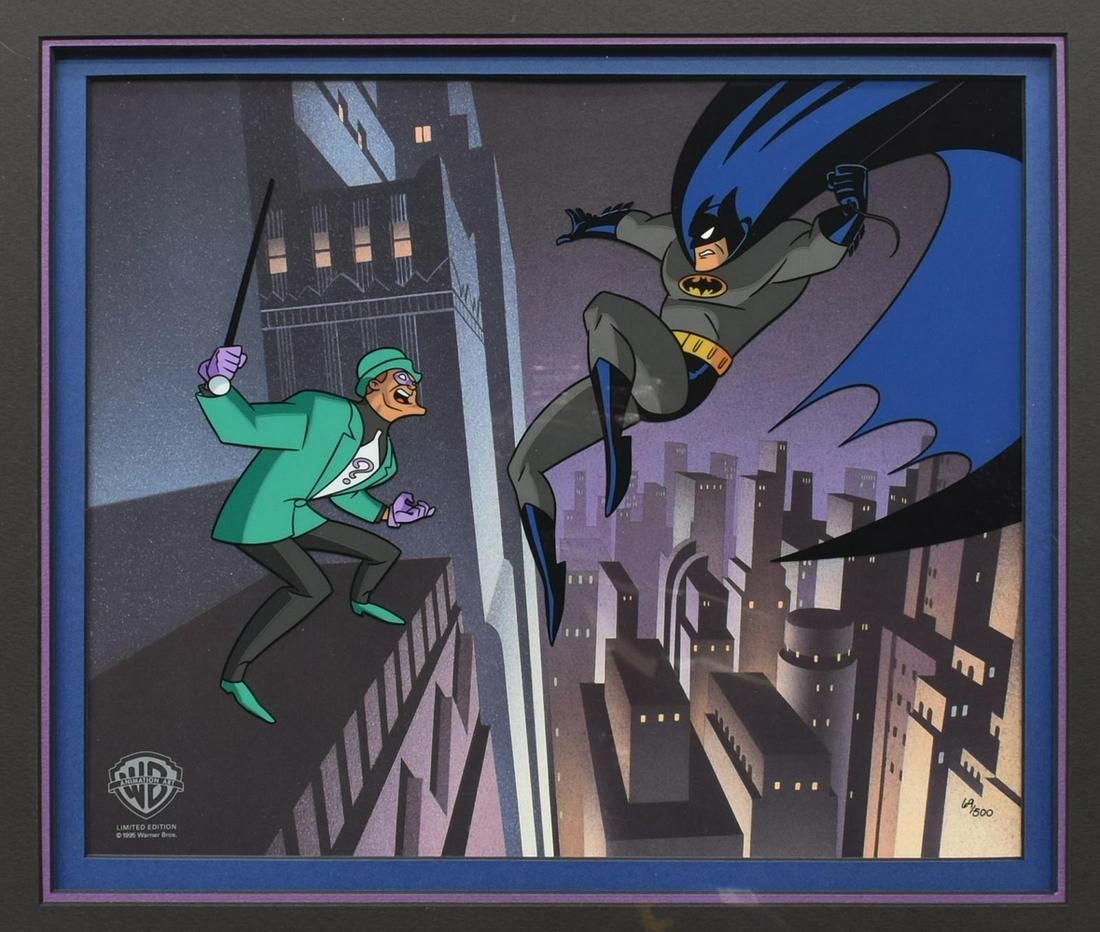 BATMAN LIMITED SERICEL THE MARK OF A QUESTION: Framed Warner Brothers limited-edition sericel over lithographic background, "The Mark of a Question," 1994, numbered 69/500, accompanied by certificate of authenticity issued by Warner Brothers, sigh