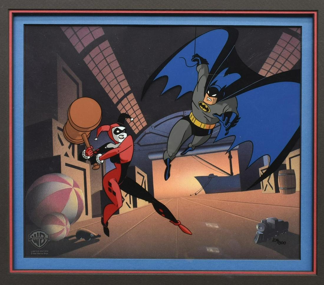 BATMAN ANIMATED SERIES HARLEY & BATMAN SERICEL: Framed Warner Brothers limited-edition sericel over lithographic background, "Harley Toys with Batman," 1994, numbered 274/500, accompanied by certificate of authenticity issued by Warner Brothers, si