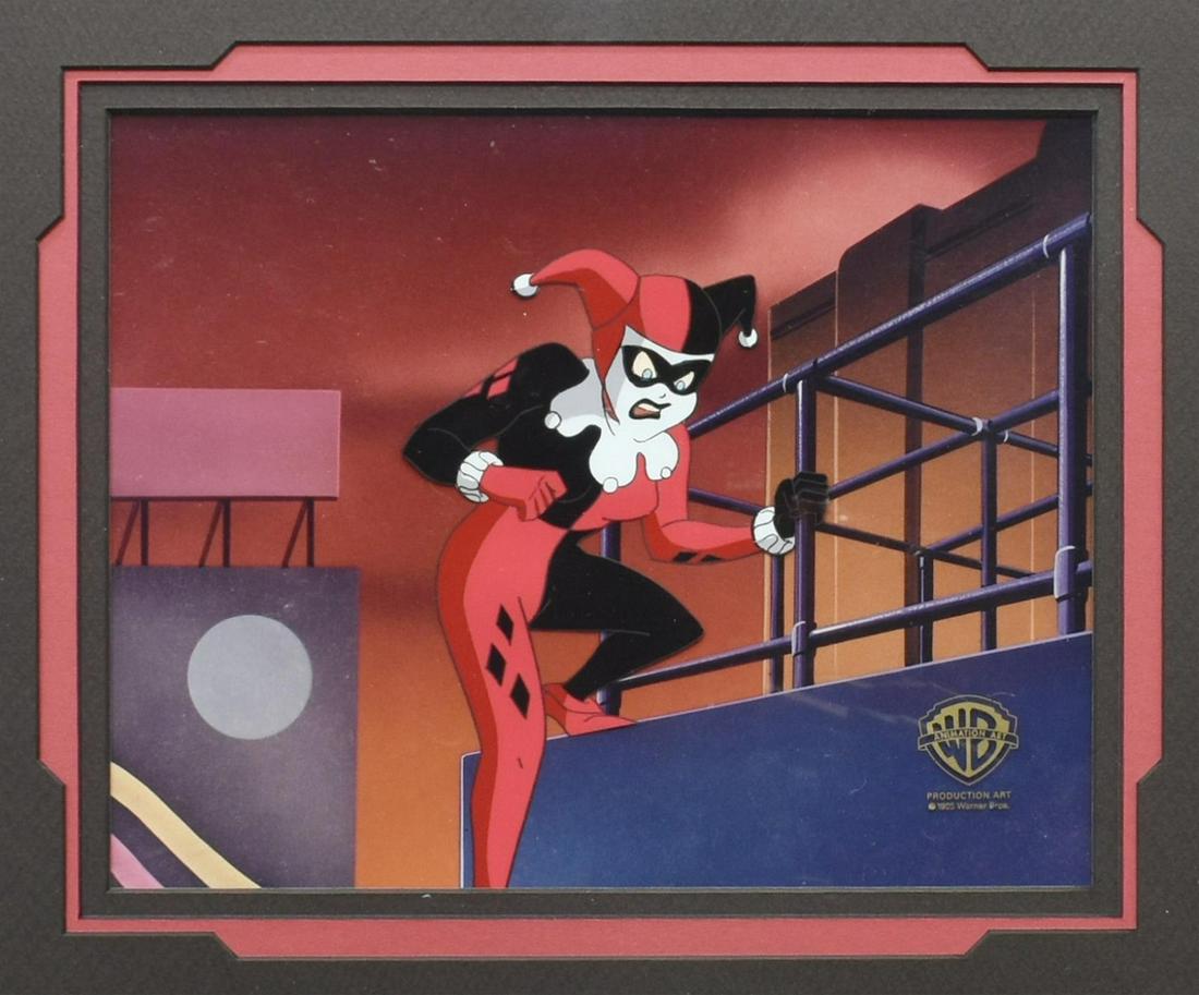 BATMAN ORIGINAL PRODUCTION SERICEL, HARVEY HOLIDAY: Framed Warner Brothers original production art sericel over lithographic background, "Harley's Holiday," 1995, accompanied by certificate of authenticity issued by Warner Brothers, sight: approx 7.5"h