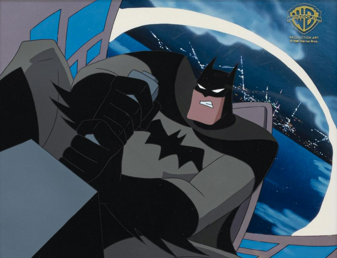SUPERMAN ANIMATED SERIES BATMAN PRODUCTION CEL: Framed Warner Brothers animation original production cel, "World's Finest - Part Three," from "Superman: The Animated Series," Batman, accompanied by certificate of authenticity issued by Warner Broth