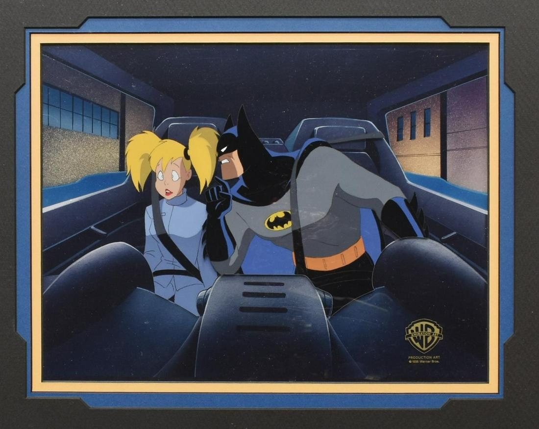 BATMAN THE ANIMATED SERIES ORIGINAL PRODUCTION CEL: Framed Warner Brothers animation production cel, "Harlequinade," from "Batman: the Animated Series," Batman and Harley Quinn, accompanied by certificate of authenticity issued by Warner Brothers, sigh