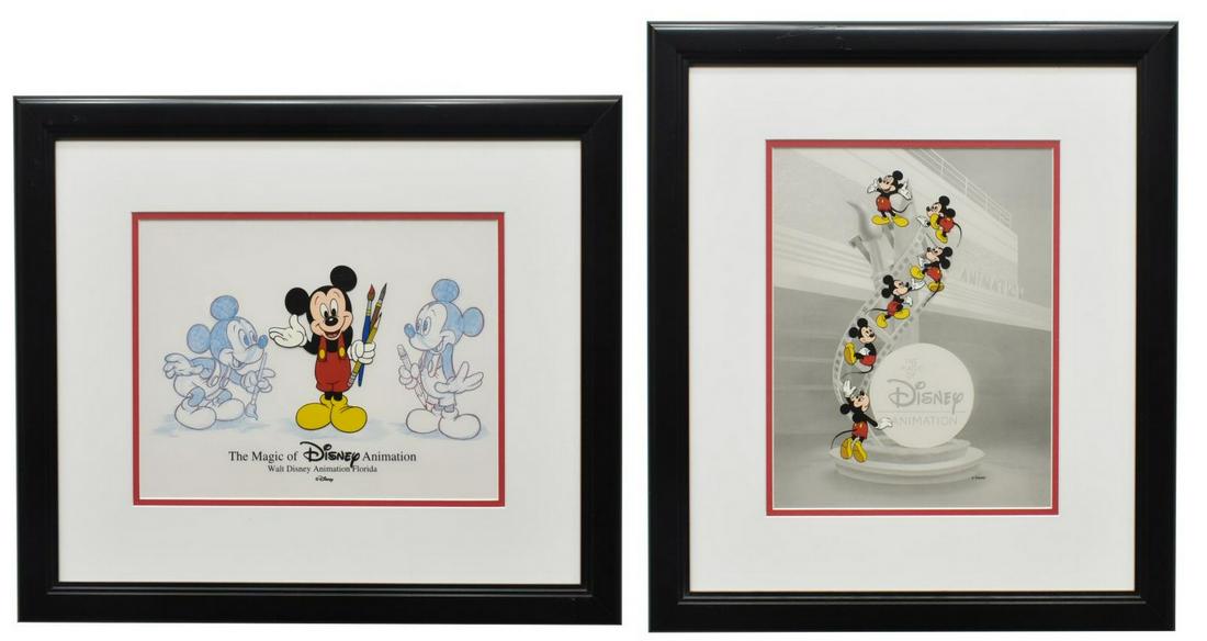 (2) DISNEY-MGM MICKEY MOUSE HAND-PAINTED CELS: (lot of 2) Framed hand-painted cels overlaying prints on paper, originally sold at the Animation Gallery in the Disney-MGM Studios Theme Park, including: (1) "Genius at Work," sight: approx 9.5"h, 12.