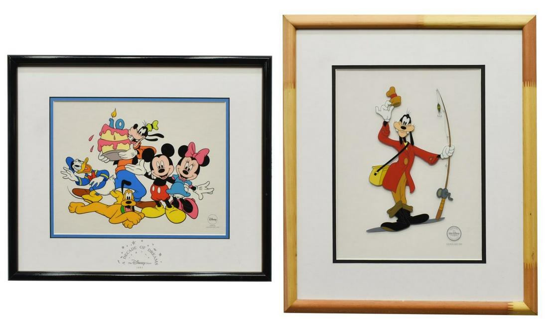 2)WALT DISNEY GOOFY, MICKEY & GANG LIMITED SERICEL: (lot of 2) Framed Walt Disney limited-edition sericels, each accompanied by certificate of authenticity issued by Disney Enterprises, Inc., comprising: "Goofy About Fishing," 1996, edition size 5000, 