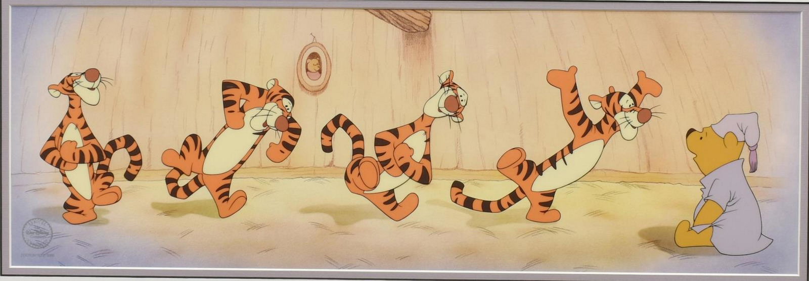 WINNIE THE POOH 'TIGGER' LIMITED-EDITION SERICEL: Framed Walt Disney limited-edition sericel over lithographic background, "Bouncy Trouncy Tigger," 1997, marked Edition 5000, accompanied by certificate of authenticity issued by Disney Enterprises Inc