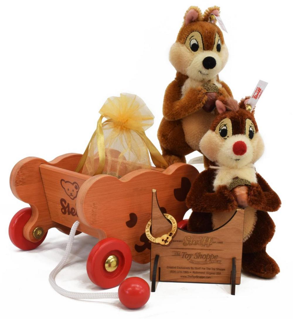 4) STEIFF LIMITED-ED DISNEY CHIP/ DALE ACORN ACRES: (lot of 4) German Steiff limited-edition "Disney's Chip and Dale Acorn Acres" set, created for The Toy Shoppe, comprising: (2) mohair Chip and Dale, numbered 683282, (1) wood bear cart on wheels, (1) 