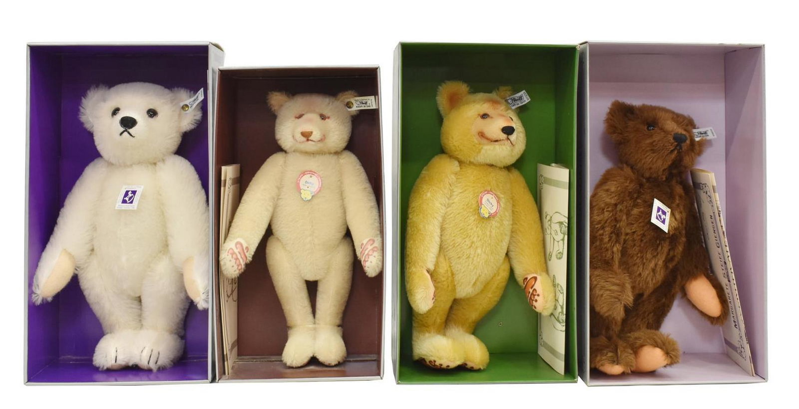 4) GERMAN STEIFF LIMITED-EDITION BOXED TEDDY BEARS: (lot of 4) German Steiff limited-edition teddy bears, each housed in worn original box with certificate of authenticity, retaining maker's label and button in ear, comprising: (1) "Dicky, White 33," 4