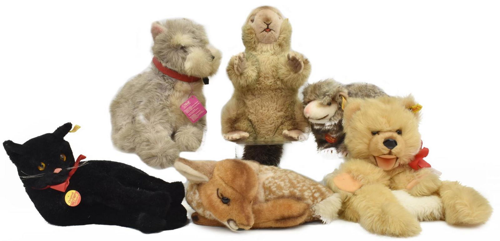 6) COLLECTION OF GERMAN STEIFF STUFFED TOY ANIMALS: (lot of 6) German Steiff animals, comprising: (1) "Billy Opossum," 072024, approx 7"h, 18"w, 6"d; (1) "Lorli Fawn," 1831/38, seated, approx 5"h, 12"w, 11"d; (1) "Molly Piff Groundhog," 0346/30, approx
