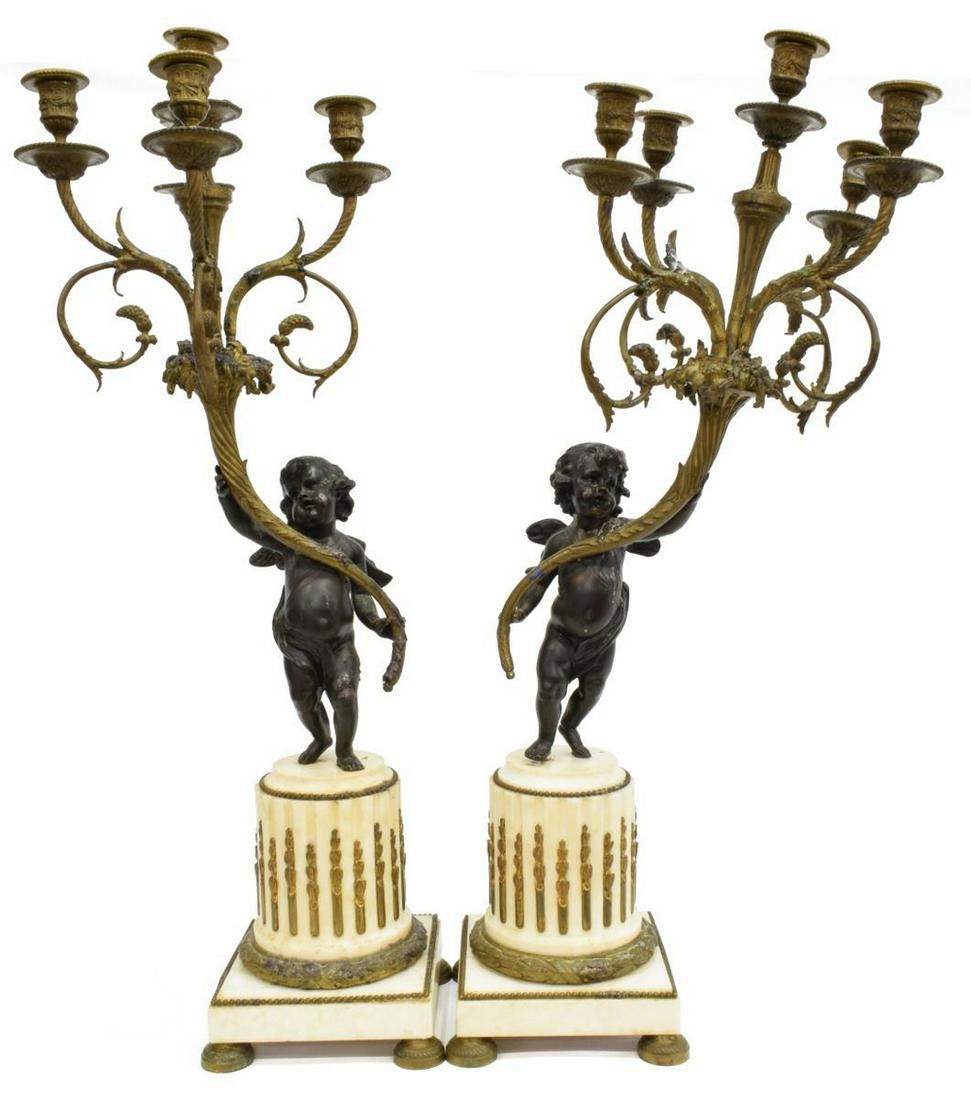 (2) FRENCH BRONZE & MARBLE PUTTI CANDELABRA (1 of 4)