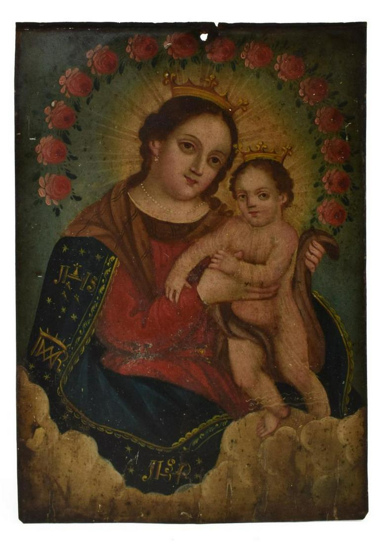 RELIGIOUS RETABLO PAINTING MADONNA & CHILD, MEXICO (1 of 2)