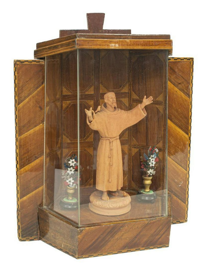 MARQUETRY SHRINE W/ TERRACOTTA SAINT FRANCIS (1 of 3)
