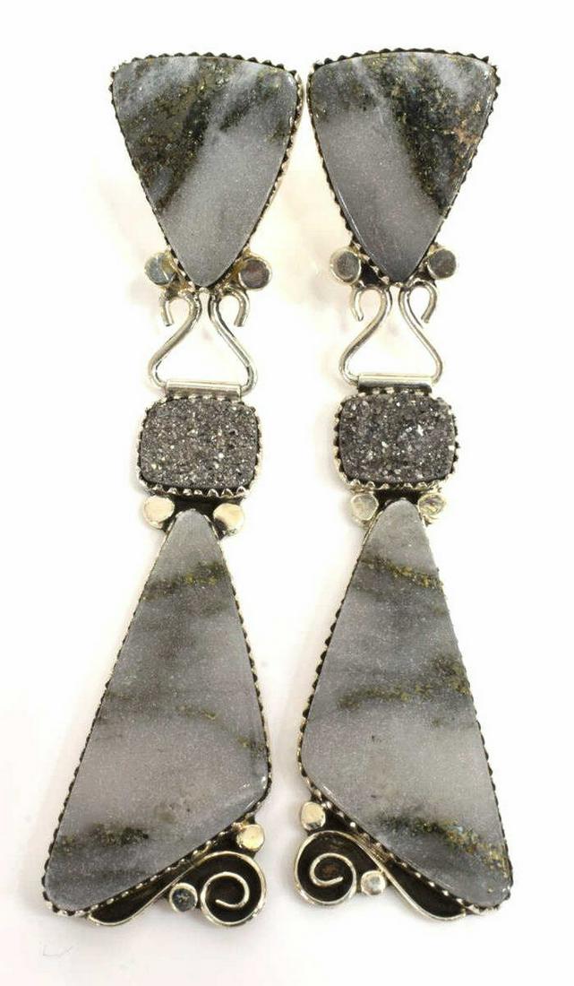 ESTATE SIGNED 925 PYRITE QUARTZ DRUZY EARRINGS (1 of 4)