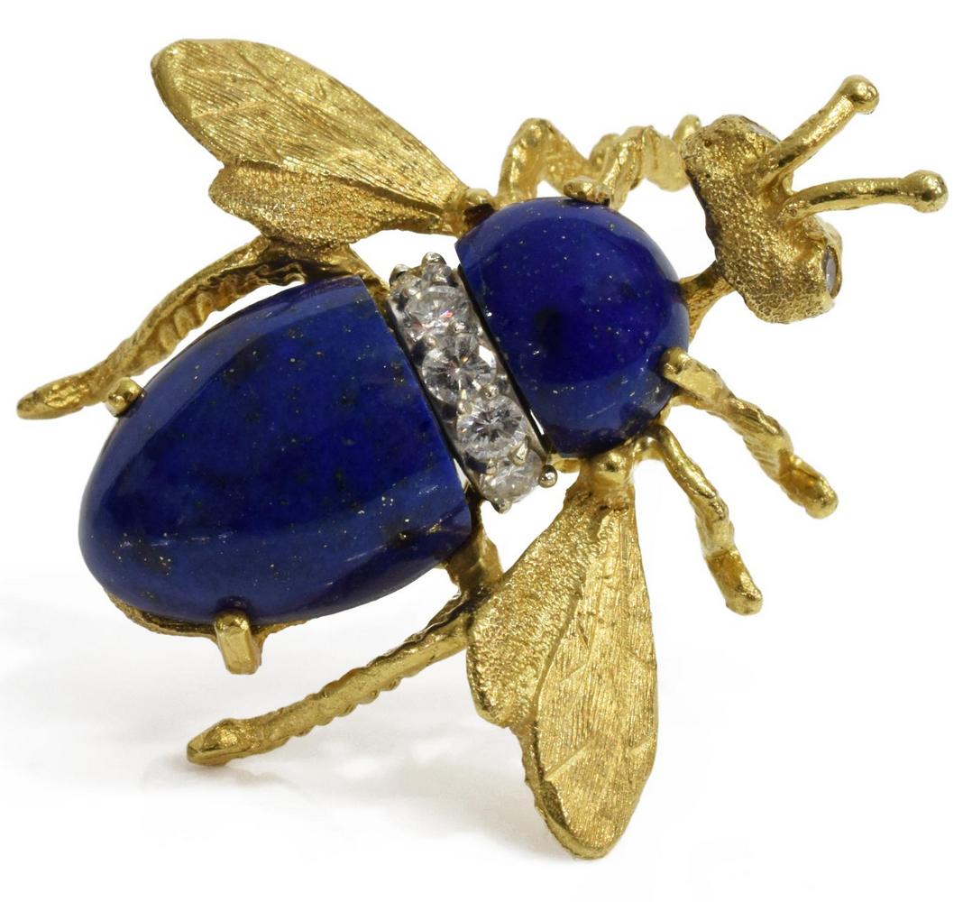 ESTATE 18KT YG, LAPIS LAZULI & DIAMOND BEE BROOCH (1 of 4)