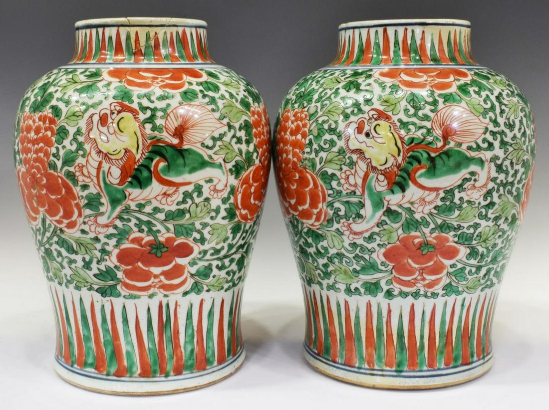 (2) CHINESE FAMILLE VERTE PORCELAIN FOO LION JARS (1 of 3)