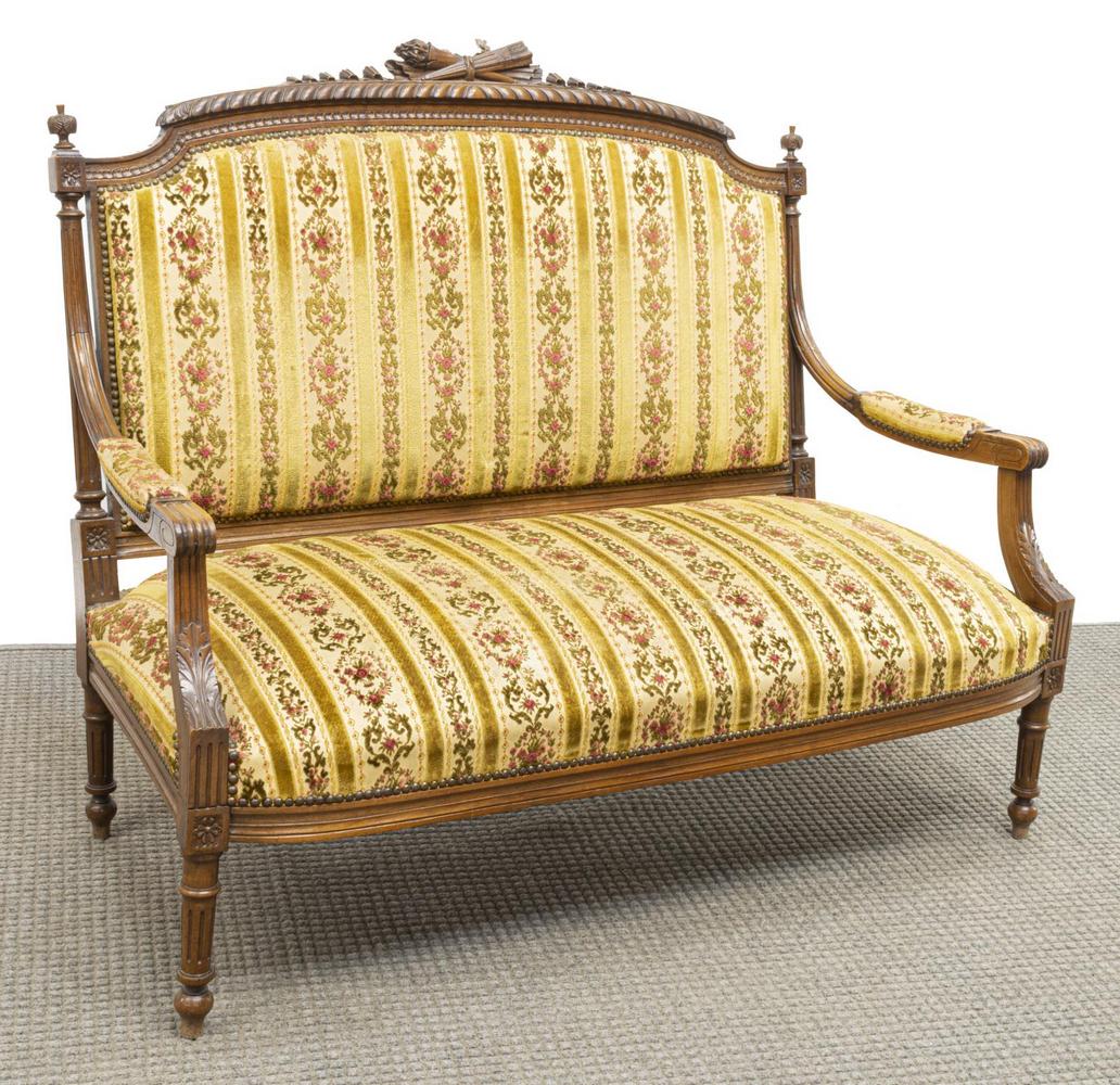 FRENCH LOUIS XVI STYLE CARVED WALNUT SALON SOFA (1 of 3)