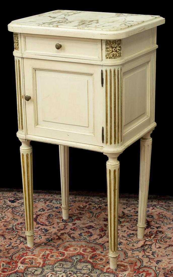 LOUIS XVI STYLE MARBLE-TOP PAINTED BEDSIDE CABINET (1 of 5)