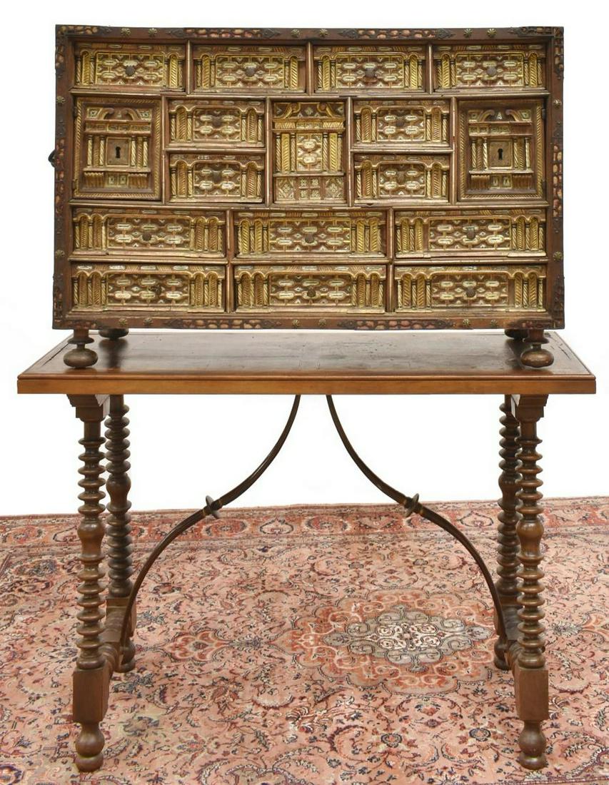 SPANISH BONE INLAID VARQUENO CABINET ON STAND: Spanish inlaid walnut vargueno cabinet, 18th c., with visible dovetail construction, iron corner mounts and carrying handles, front panel with architectural motif of arcades and twist columns, profuse
