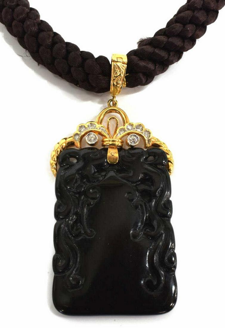 GOLD, DIAMOND & BLACK JADE PENDANT, HAIR NECKLACE: Estate Chinese black jade pendant and woven hair necklace: (1) removable carved black jade pendant accented with (9) diamonds (lacking one small diamond), approx 0.22cttw (excludes missing diamond), o