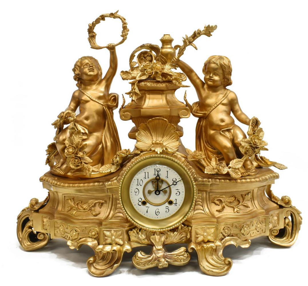 LARGE FRENCH ROCOCO STYLE CHERUB MANTEL CLOCK (1 of 5)