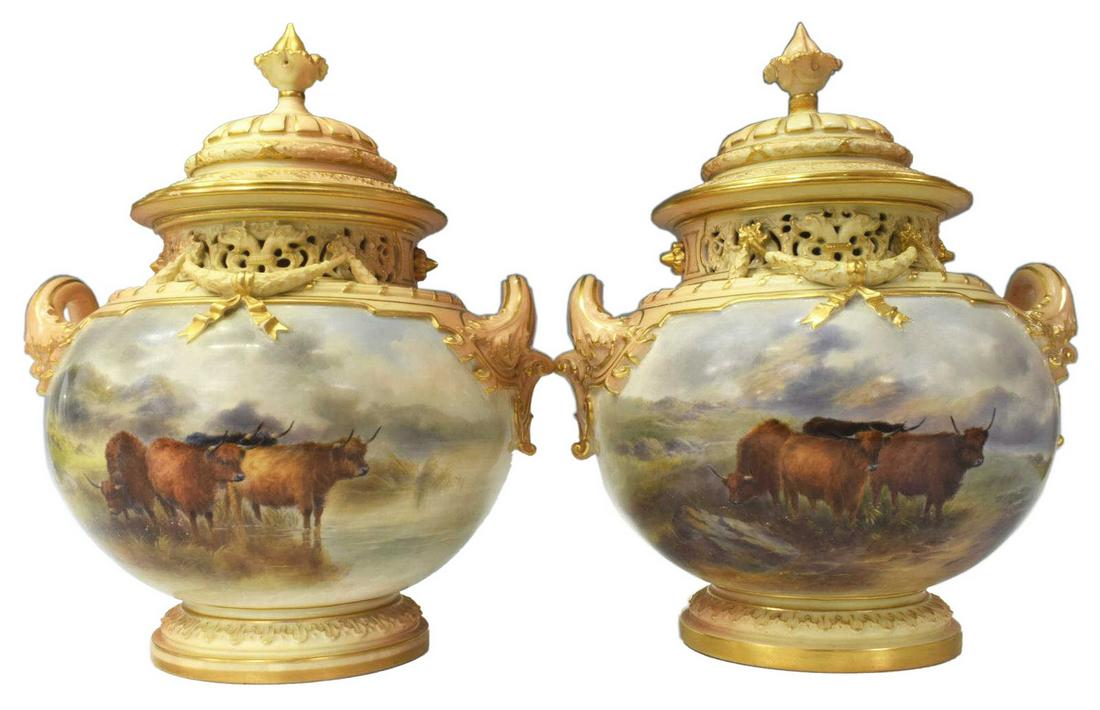 ROYAL WORCESTER JOHN STANTON HIGHLAND CATTLE URNS (1 of 6)