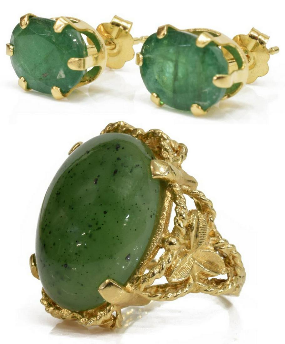 (2) ESTATE 14KT GOLD JADE CABOCHON RING & EARRINGS (1 of 7)