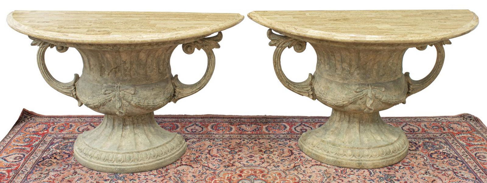 (2) STONE TILED DEMILUNE URN CONSOLE TABLES (1 of 3)