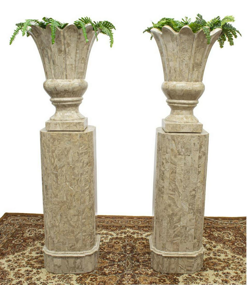 (2) STONE TILED URN PLANTERS ON PEDESTALS (1 of 3)