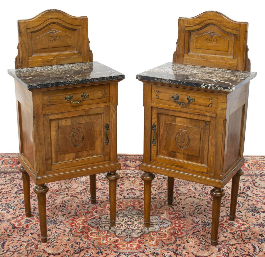 (2) ITALIAN MARBLE-TOP WALNUT BEDSIDE CABINETS (1 of 5)