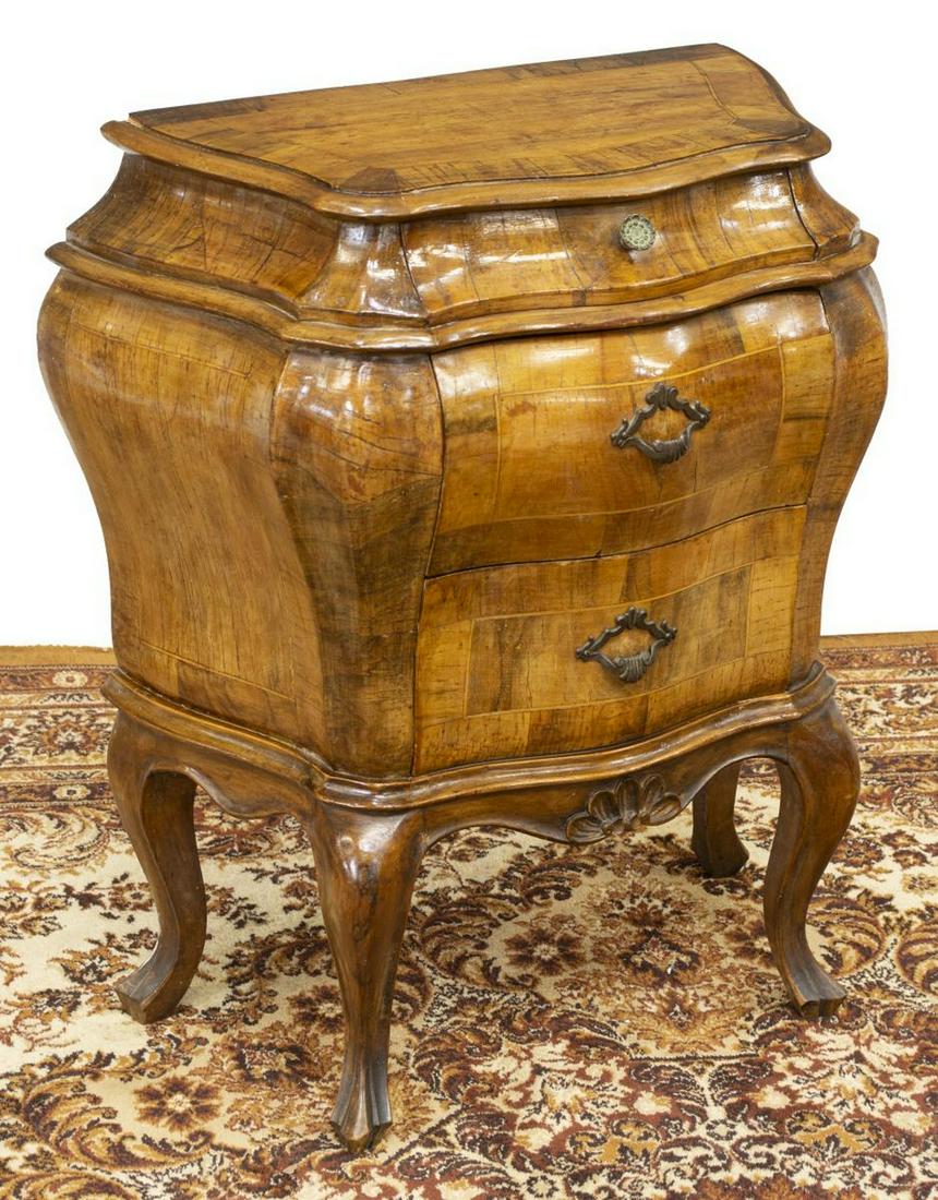 VENETIAN PATCHED WALNUT BOMBE BEDSIDE CABINET (1 of 4)