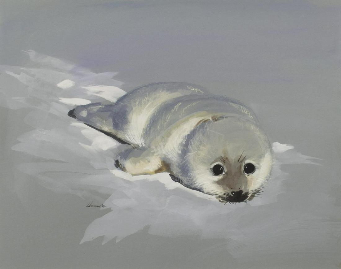 TONY HERMAN WATERCOLOR & GOUACHE HARP SEAL PUP (1 of 4)