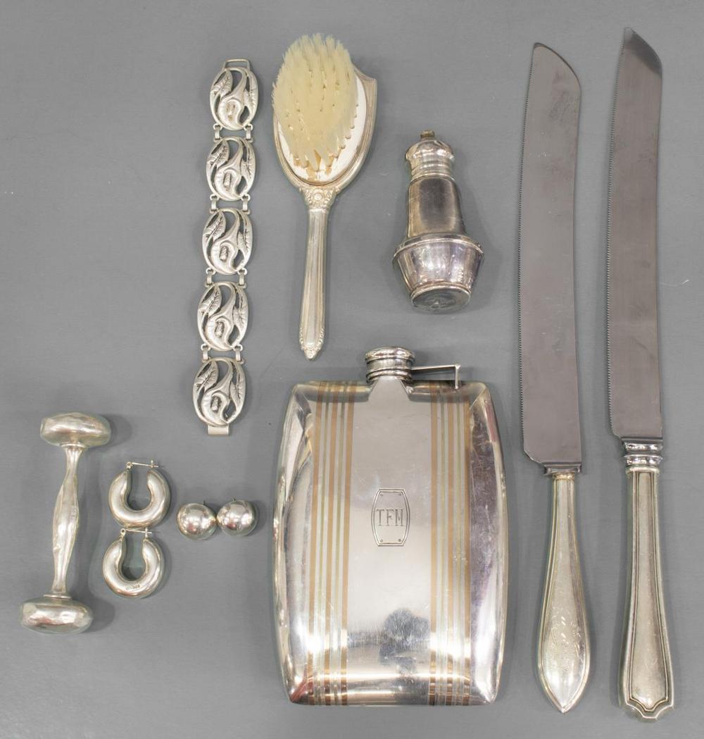 (LOT) STERLING FLASK W/ GOLD INLAY & OTHER SILVER (1 of 6)