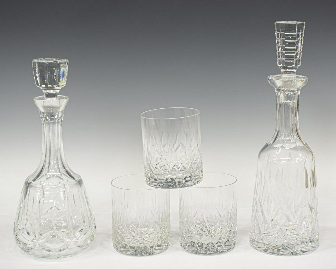 (5) WATERFORD CRYSTAL & OTHER DECANTERS, TUMBLERS: (lot of 5) Cut crystal decanters and tumbler glasses, comprising: (1) Atlantis "Fernando" decanter, acid etched mark underfoot, approx 11.5"h, 5"diam; (1) Waterford "Lismore" wine decanter, acid etche