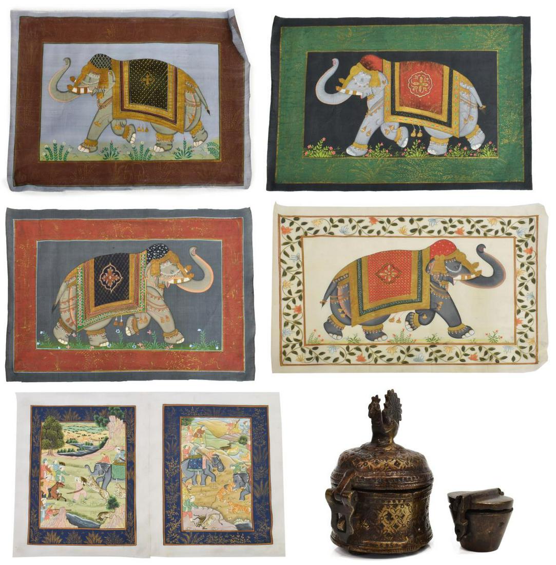 (8) INDIA BETEL-NUT BOX, WEIGHTS & SILK PAINTINGS (1 of 8)