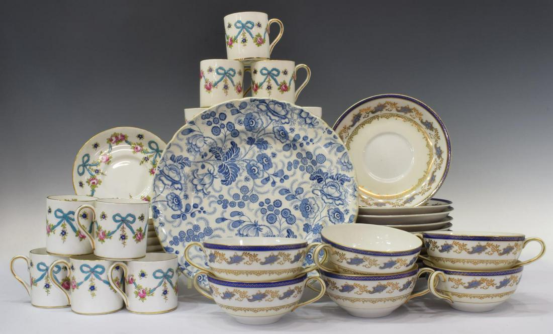 (43) CHINA TABLEWARE, CROWN STAFFORDSHIRE, JAPAN: (lot of 43) China tableware, including: (25 piece) English Crown Staffordshire "Blue Bow" bone china demitasse set, pattern F4547, comprising (thirteen) handled cups, (twelve) saucers, approx 4 7/8"di