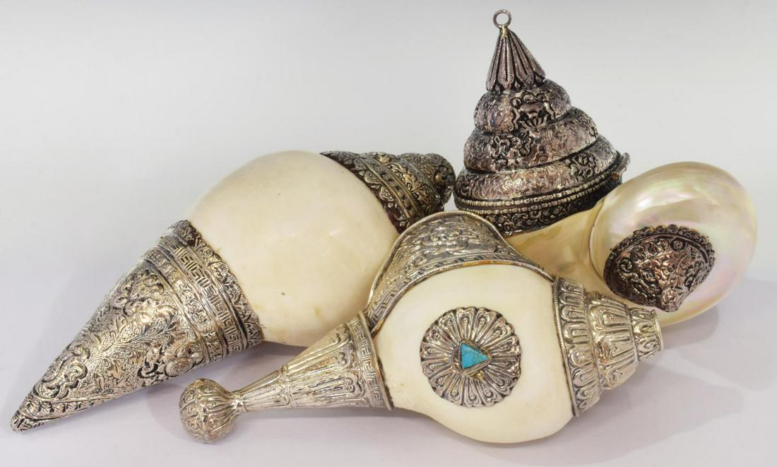 (3) TIBETAN SILVER MOUNTED CONCH SHELLS (1 of 4)