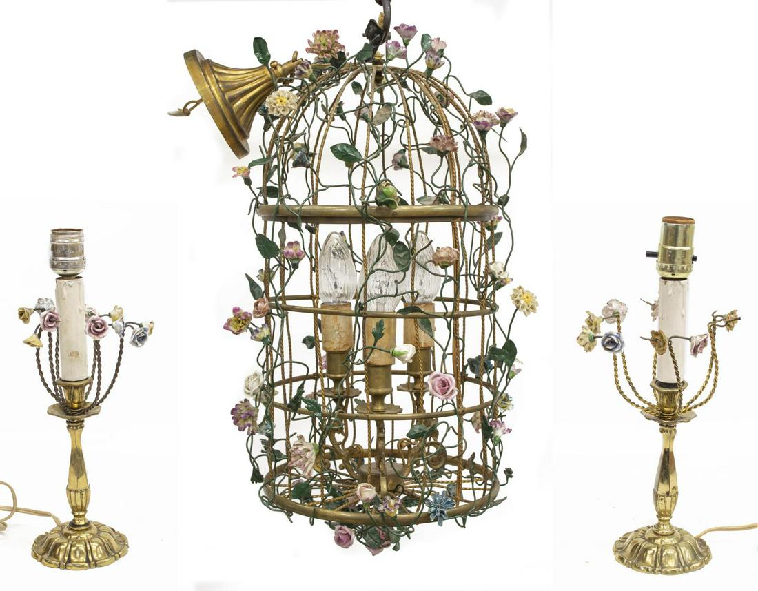(3) BIRDCAGE FORM & PORCELAIN FLOWER LAMP GROUP (1 of 6)