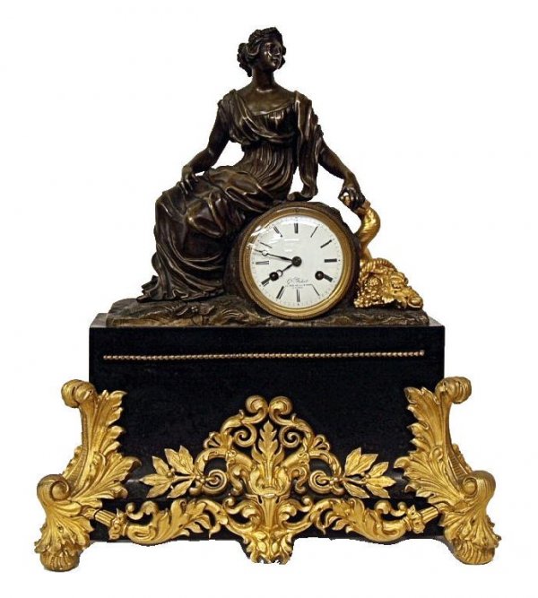 FRENCH GILT, PATINATED BRONZE MARBLE FIGURAL CLOCK