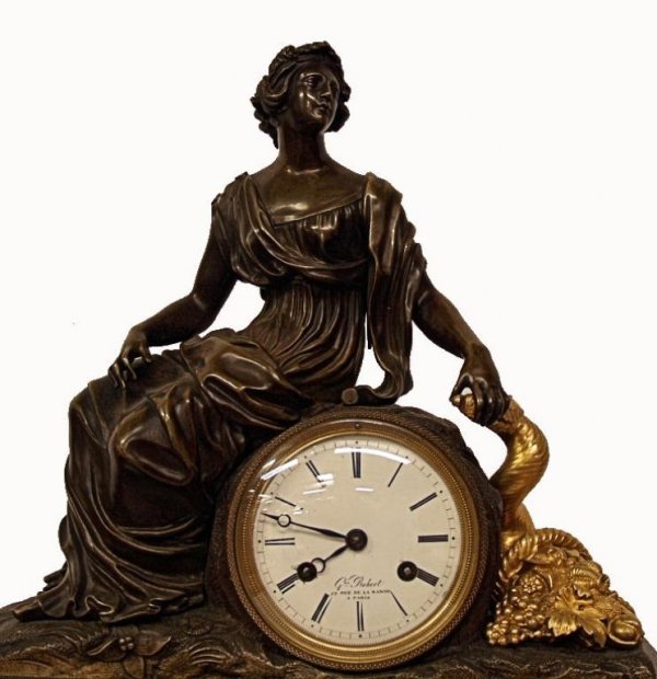 FRENCH GILT, PATINATED BRONZE MARBLE FIGURAL CLOCK - 2