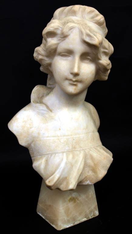 ITALIAN MARBLE BUST, P EZIO CECCARELLI (1865-1927): Italian marble bust of a beauty her bodice trimmed with incised flowers, late 19th/early 20th c., signed verso P Ezio Ceccarelli, (Professore Ezio Ceccarelli, 1865-1927), slight chipping/roughness/wea