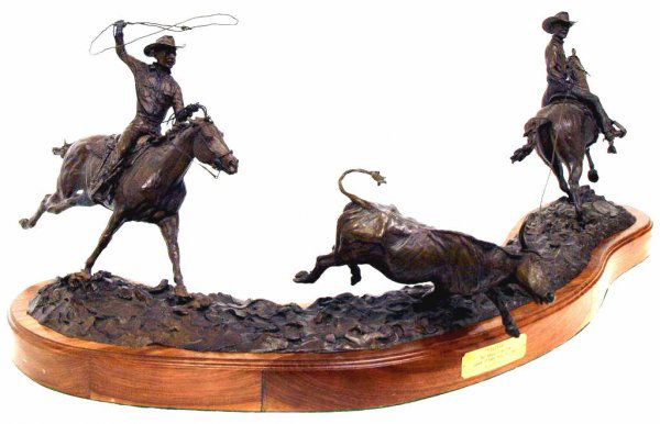 LARGE TEXAS WESTERN BRONZE SCULPTURE, COWBOYS: Bronze sculpture, "Pardners" Ben Johnson and Joe Crow, Legends of Rodeo Series 50s-60s, by Edd Hayes (American, b. 1945), limited edition 20/20, a sizeable sculpture upon a walnut base, depicting a hi
