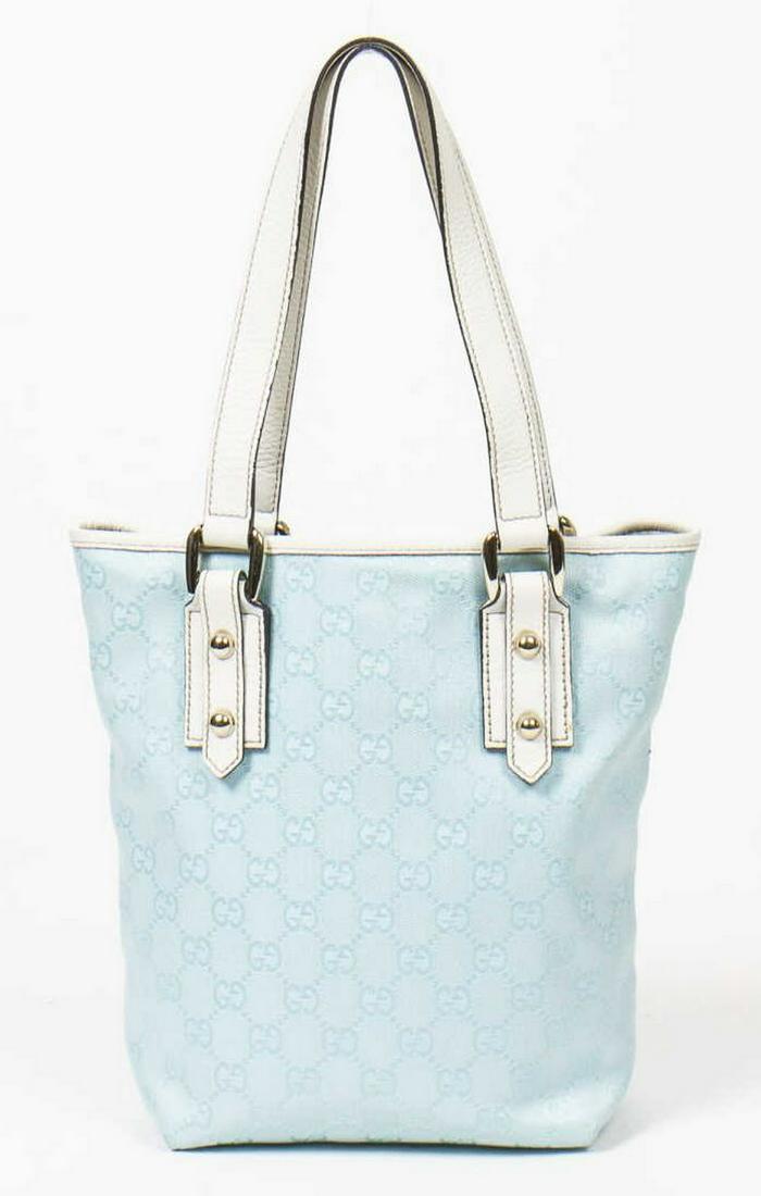 GUCCI GG BLUE CANVAS LEATHER-TRIMMED BUCKET TOTE (1 of 7)