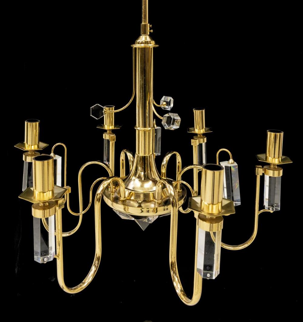 ITALIAN MODERN GILT METAL ACRYLIC 6-LT CHANDELIER: Italian modern gilt metal and acrylic six-light chandelier, c.1970s, having nine arms, with six arms each supporting a single light resting upon a cylindrical base, with crystal prisms to underside, i