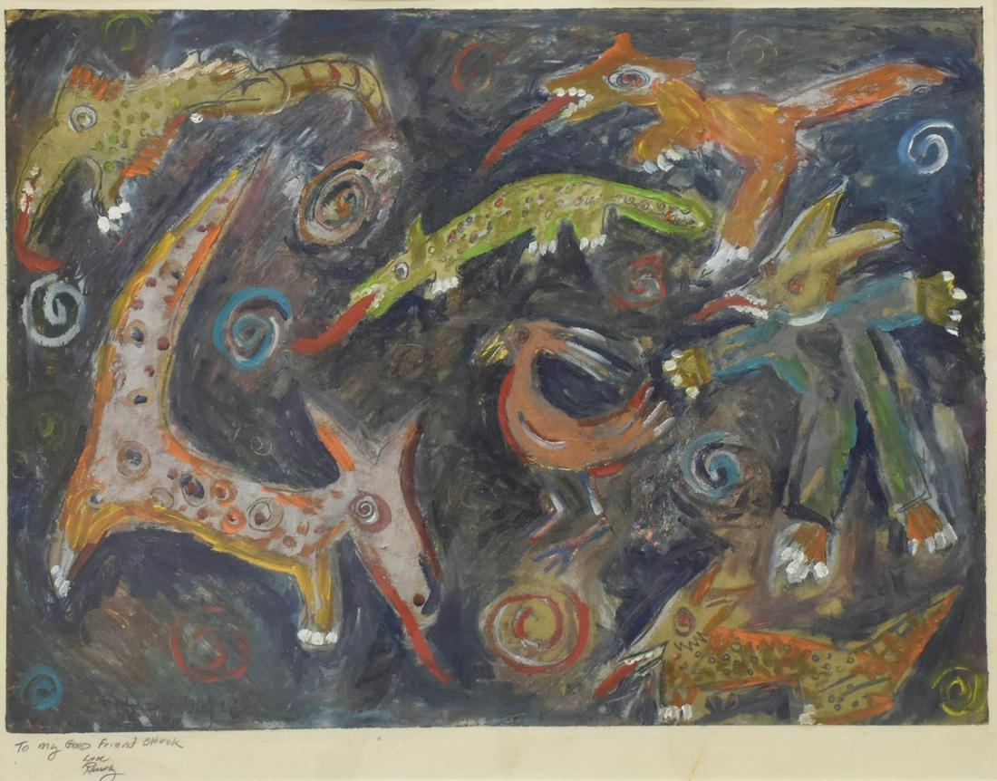 FRAMED ABSTRACT ANIMALS SIGNED PAINTING ON PAPER (1 of 4)