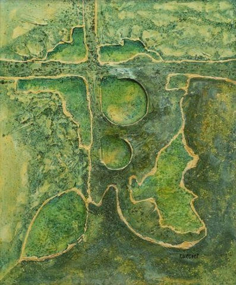 MID-CENTURY ABSTRACT PAINTING, SIGNED R. WEAVER (1 of 3)