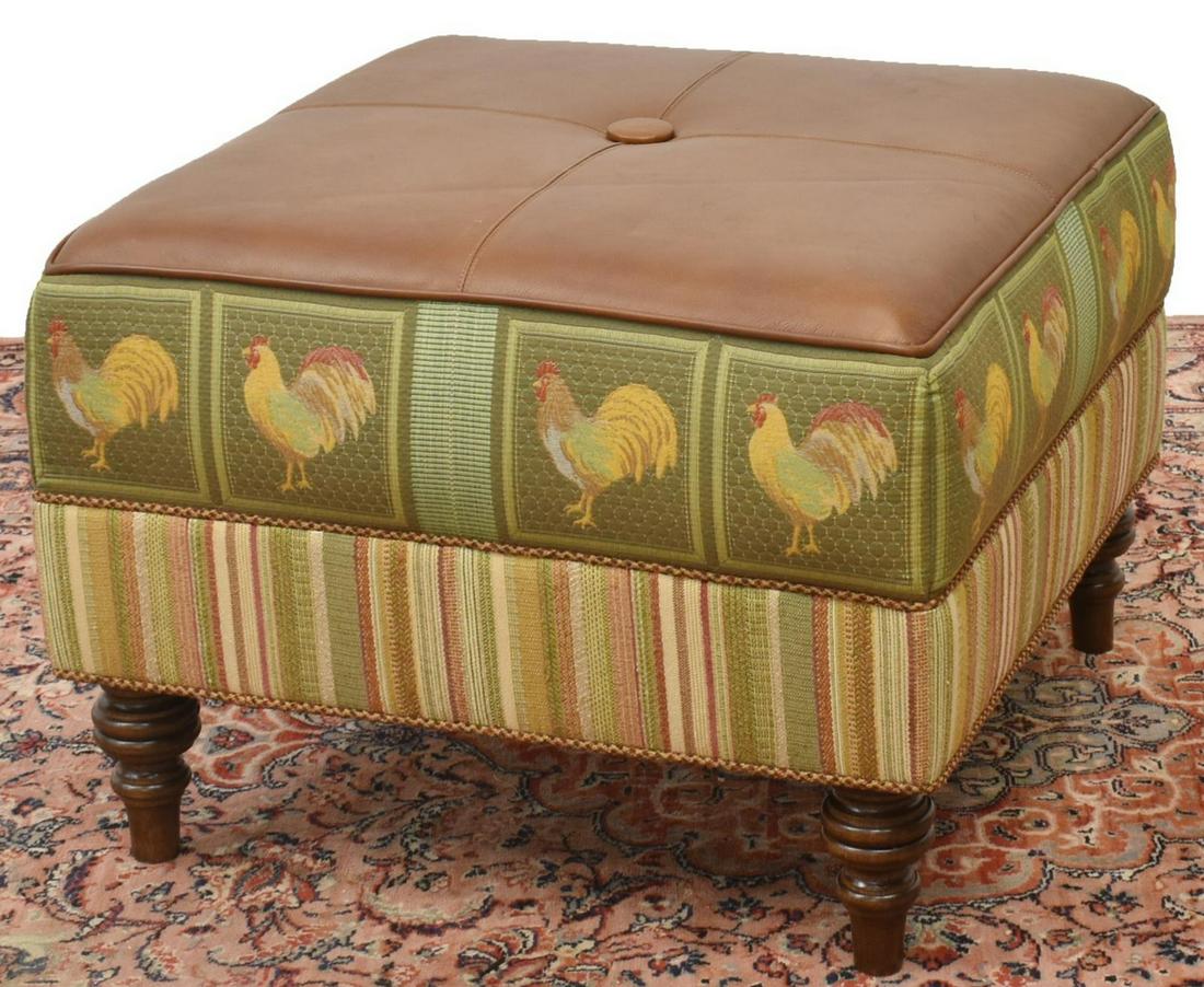 TUFTED LEATHER & FABRIC ROOSTER OTTOMAN (1 of 3)