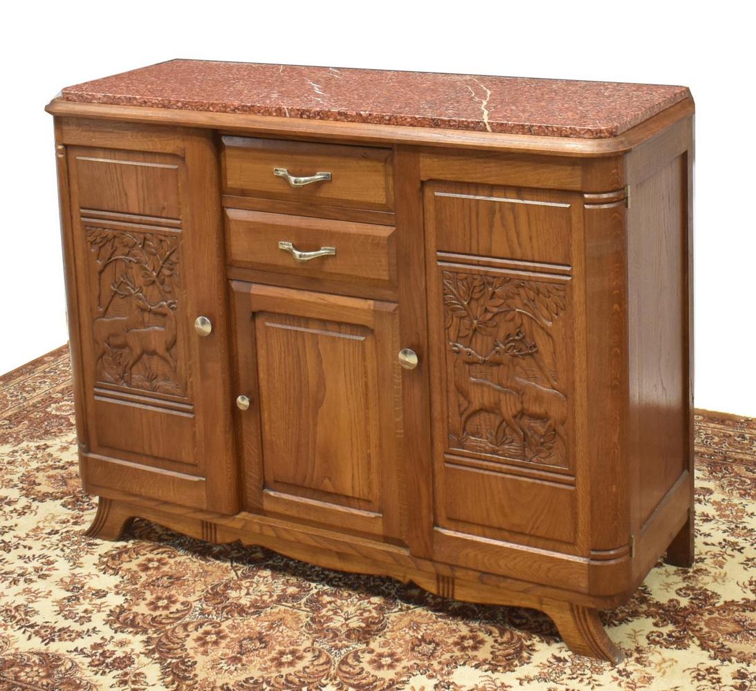 FRENCH ART DECO MARBLE-TOP CARVED OAK SIDEBOARD (1 of 6)