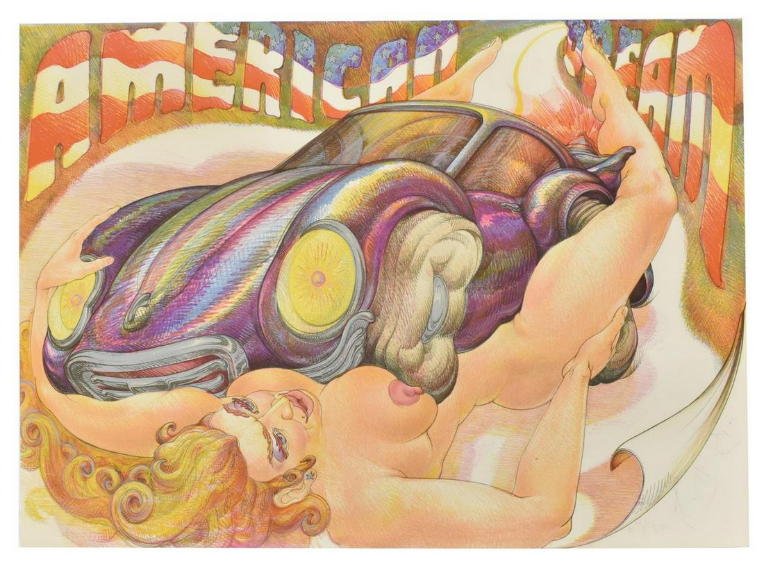 LUIS JIMENEZ (D.2006) 'AMERICAN DREAM' LITHOGRAPH: Unframed lithograph on paper, "American Dream," signed lower right Luis Jimenez (New Mexico, 1940-2006), numbered 64/ 150, hinged to mat board, sheet: approx 24.5"h, 34.5"w Start Price: $500.00